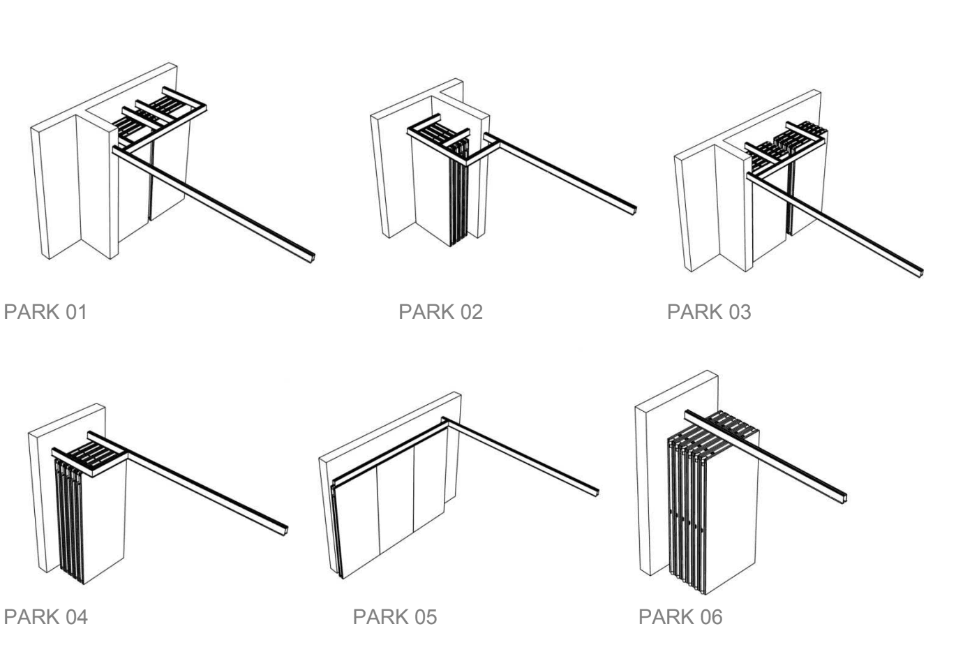 Six configuration options for adapting the partition to different opening geometries