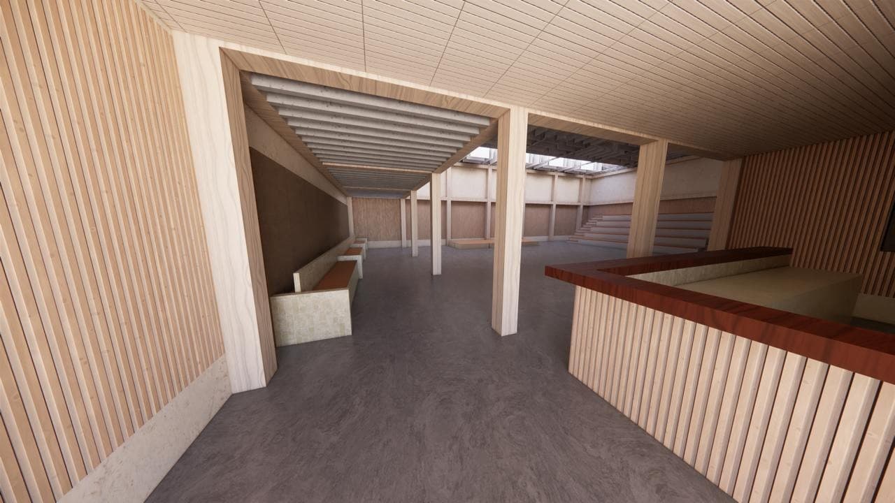 3D render of the mezzanine overlooking the main floor, showing the angled acoustic ceiling baffles