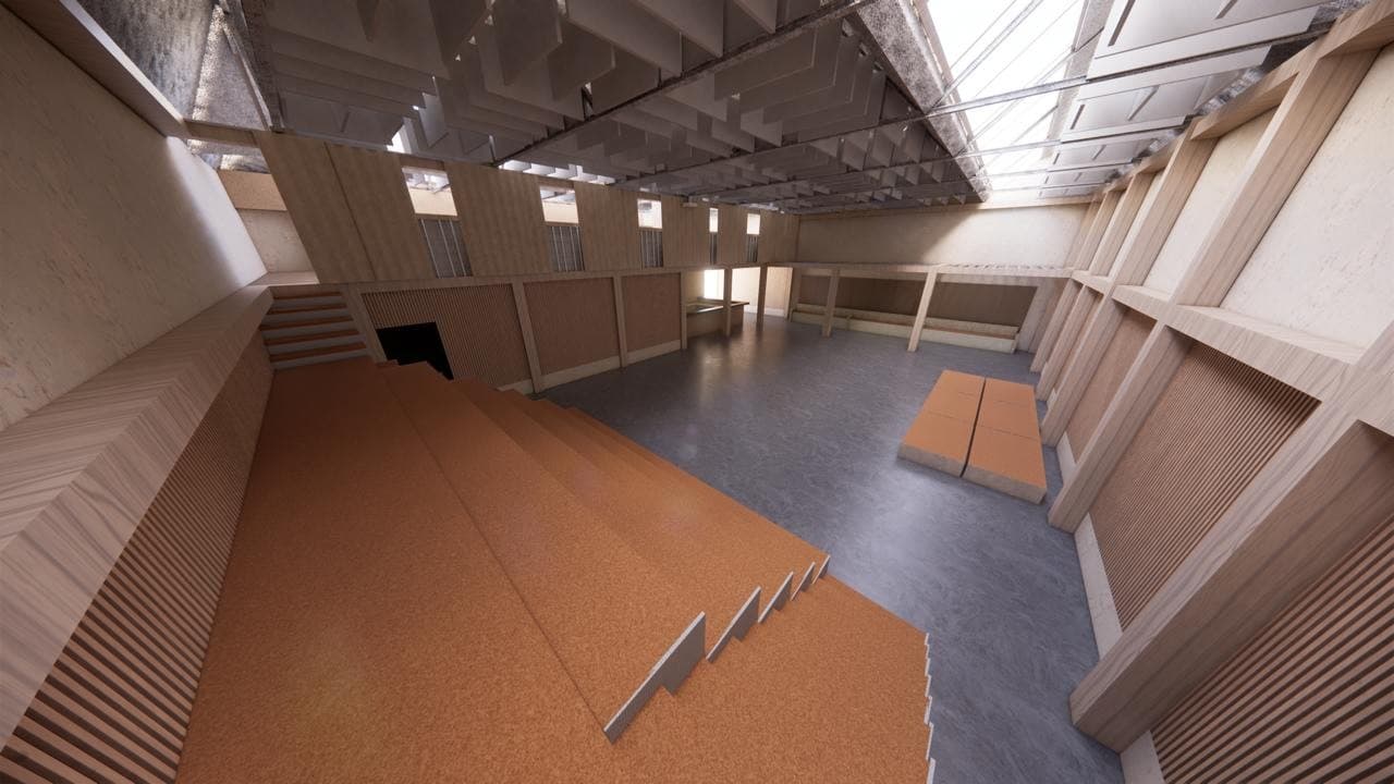 3D render of the tiered seating area with acoustic ceiling treatment