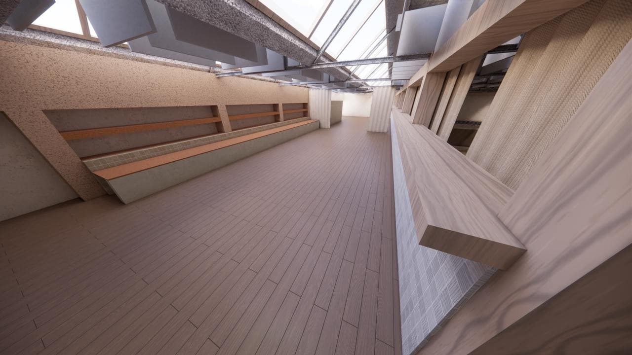 3D render of the upper-level corridor with slatted wood acoustic wall panels