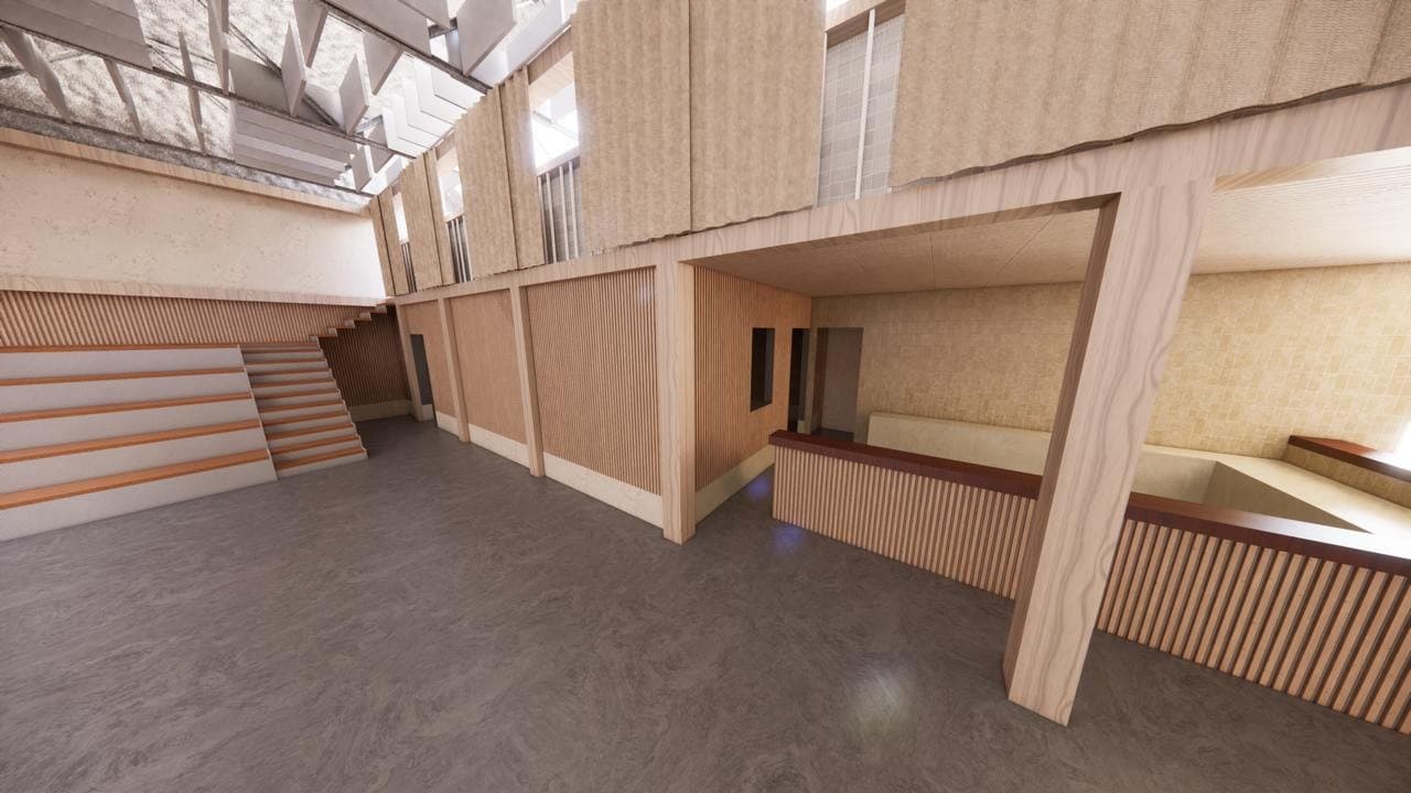 3D render of the main floor showing tiered seating and the full acoustic ceiling baffle system