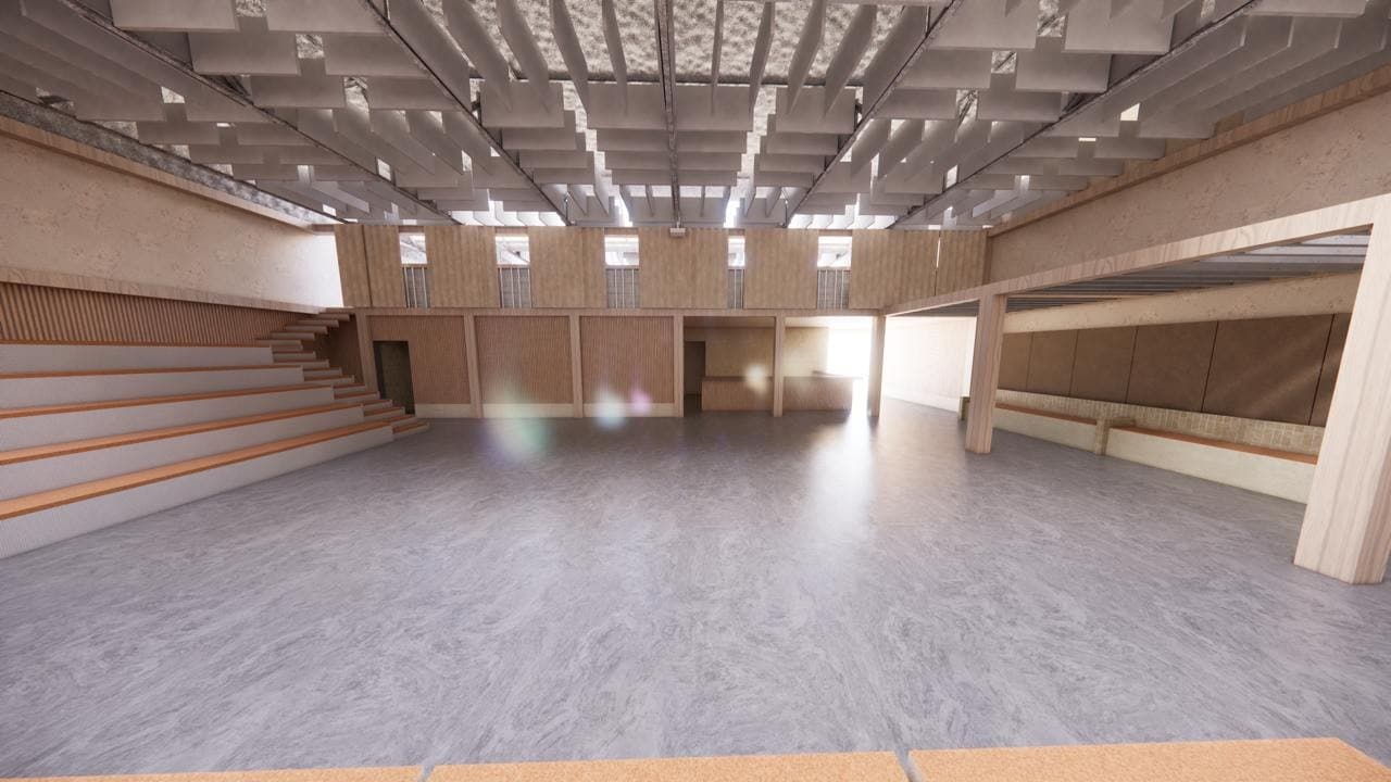 3D render of the mezzanine corner overlooking the main floor and skylight