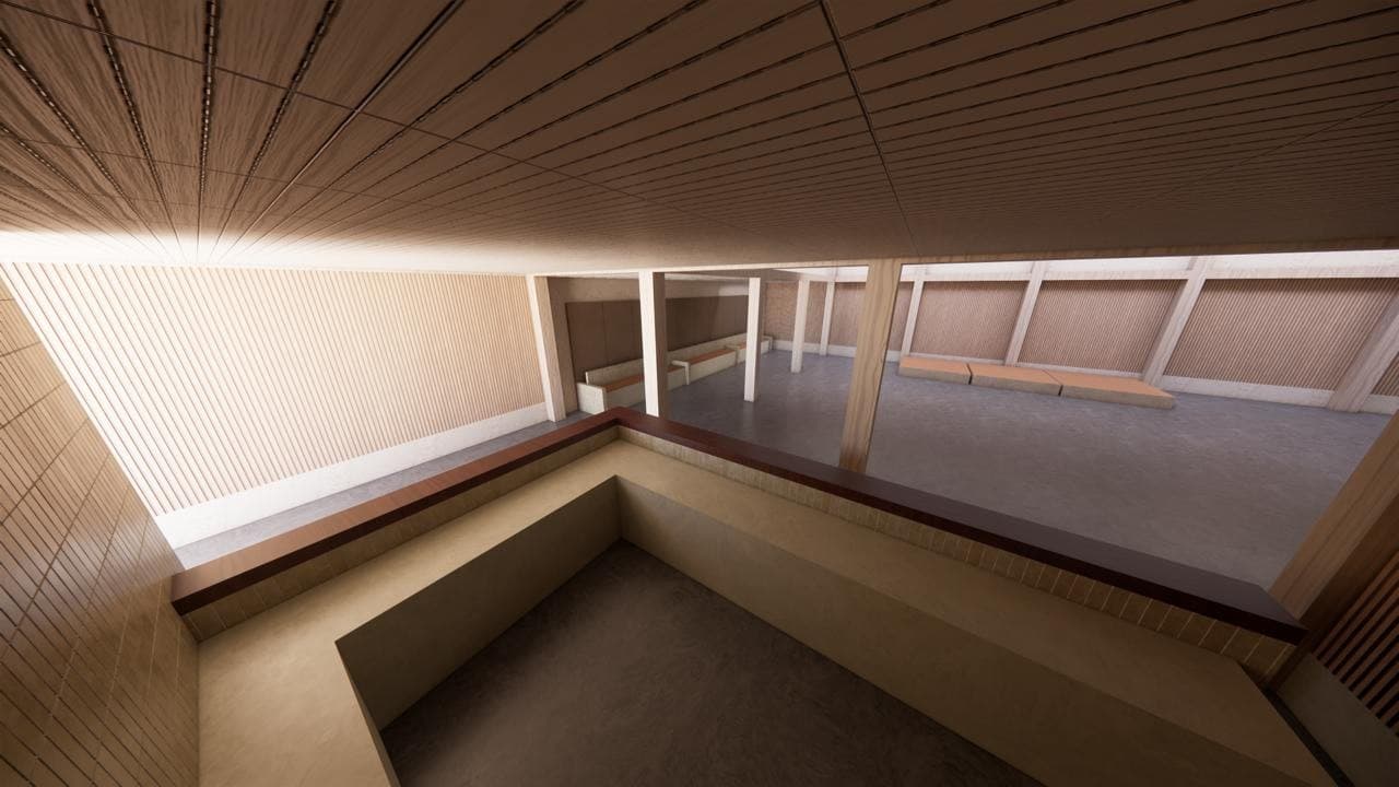 3D render looking down across the tiered seating toward the main floor